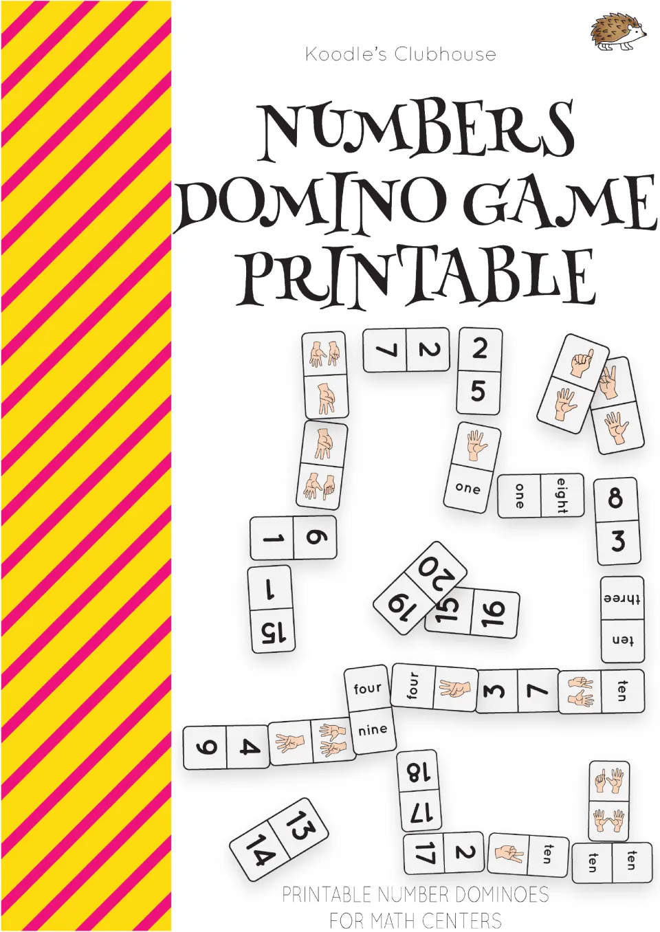 Number domino game cover showing sample pieces with numerals, number words, and finger-count pictures