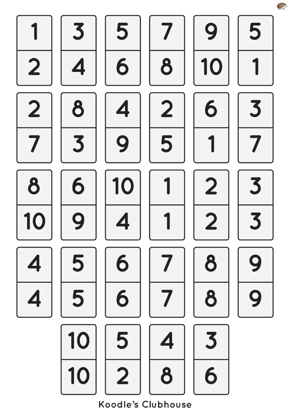 Set of 28 numeral dominoes using numbers 1–10, including 1/2, 3/4, 5/6, and doubles from 1/1 to 10/10