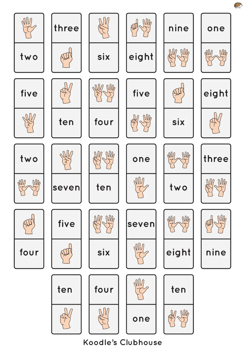Set of 28 mixed dominoes combining number words one through ten with finger-count pictures for matching