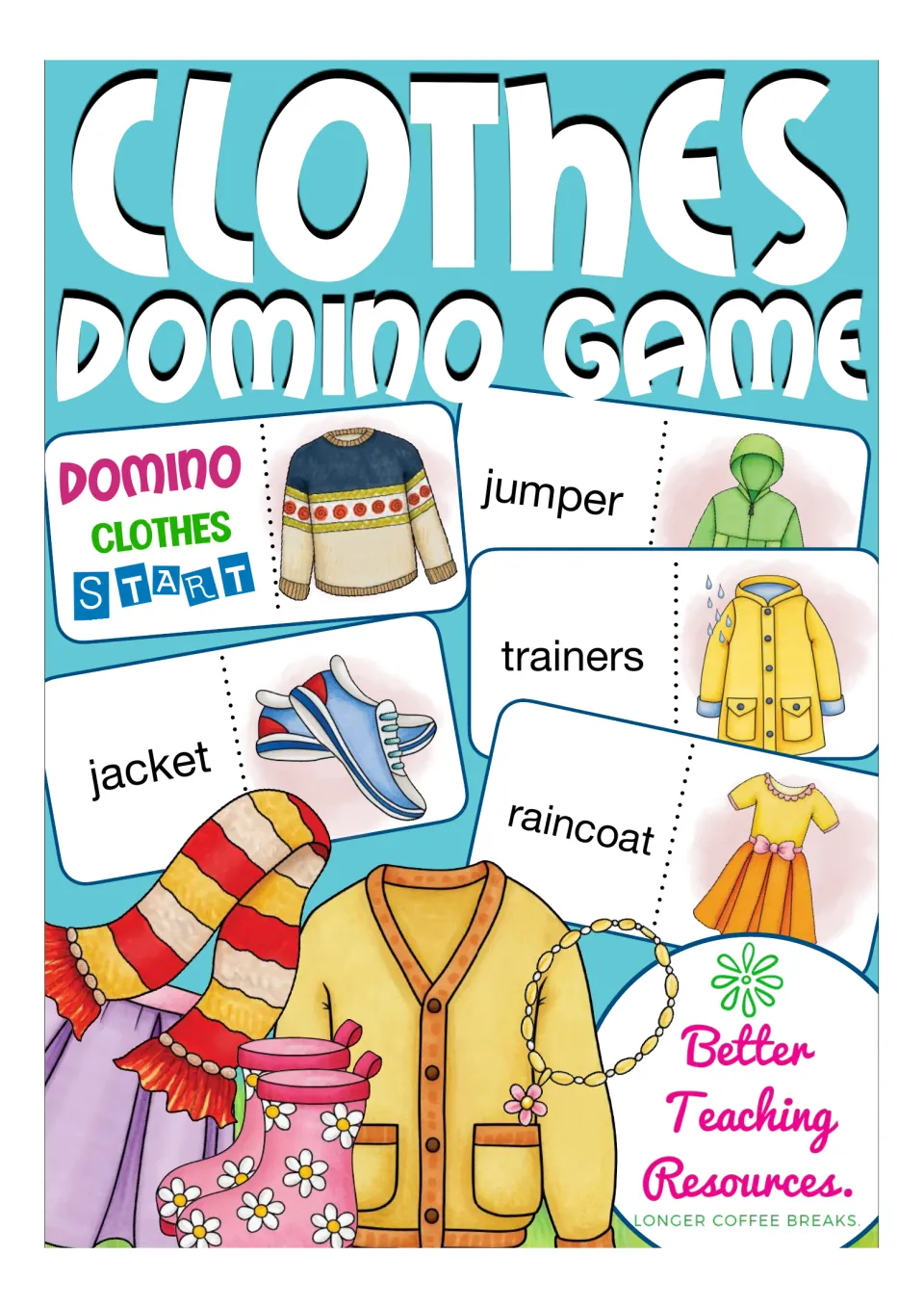 Clothes Domino Game cover showing sample cards that pair words like jumper, trainers and raincoat with clothing pictures