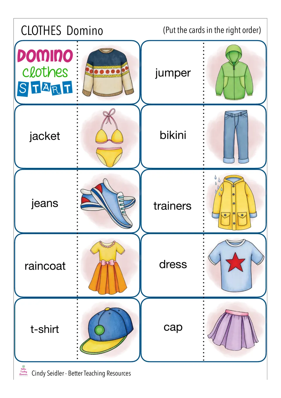 Clothing vocabulary dominoes: students match jacket, bikini, jeans, dress and cap words to pictures, from the START card