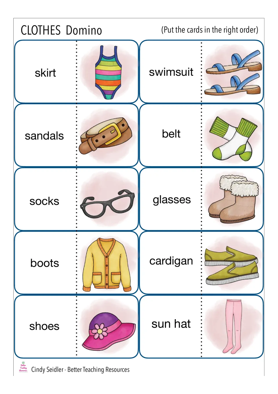 Clothing word-picture matching dominoes: skirt, swimsuit, sandals, belt, socks, glasses, boots, cardigan, shoes and sun hat