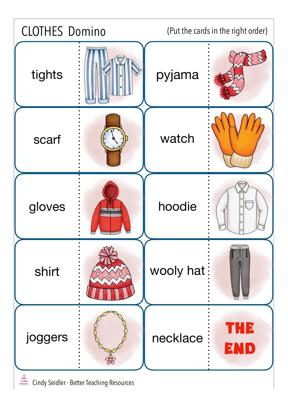 Final domino cards: students match tights, scarf, gloves, shirt, hoodie and necklace to pictures, ending on THE END card