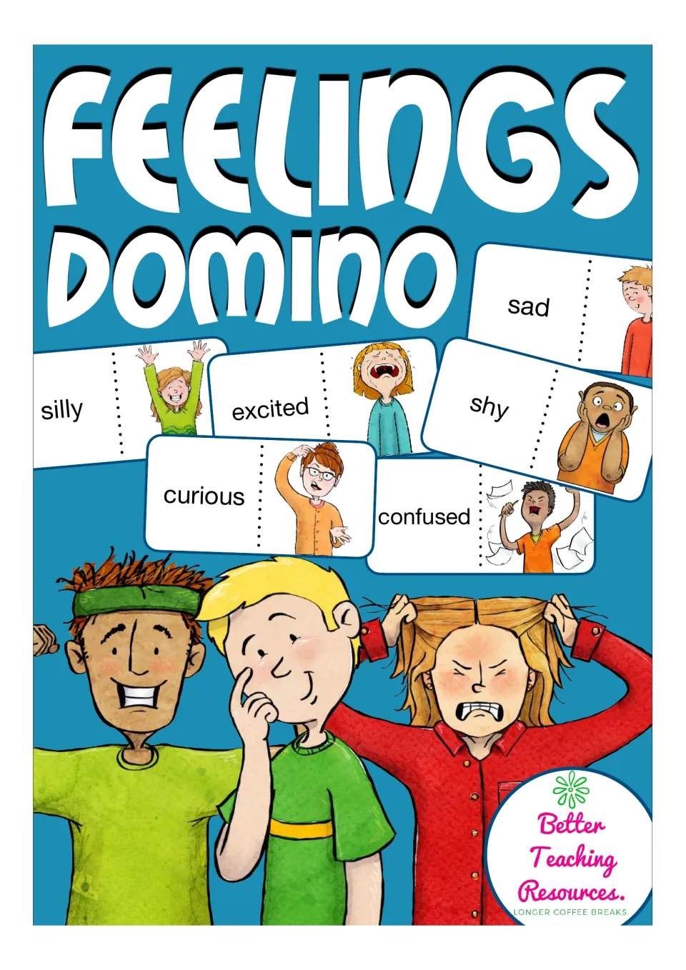 Feelings Domino cover: sample cards pair words like silly, sad, shy and curious with illustrated children showing emotions