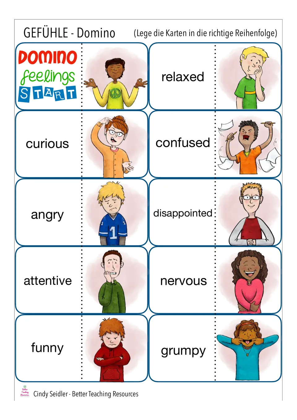 Feelings domino start cards: students match words like relaxed, curious, angry and nervous to a pictured face