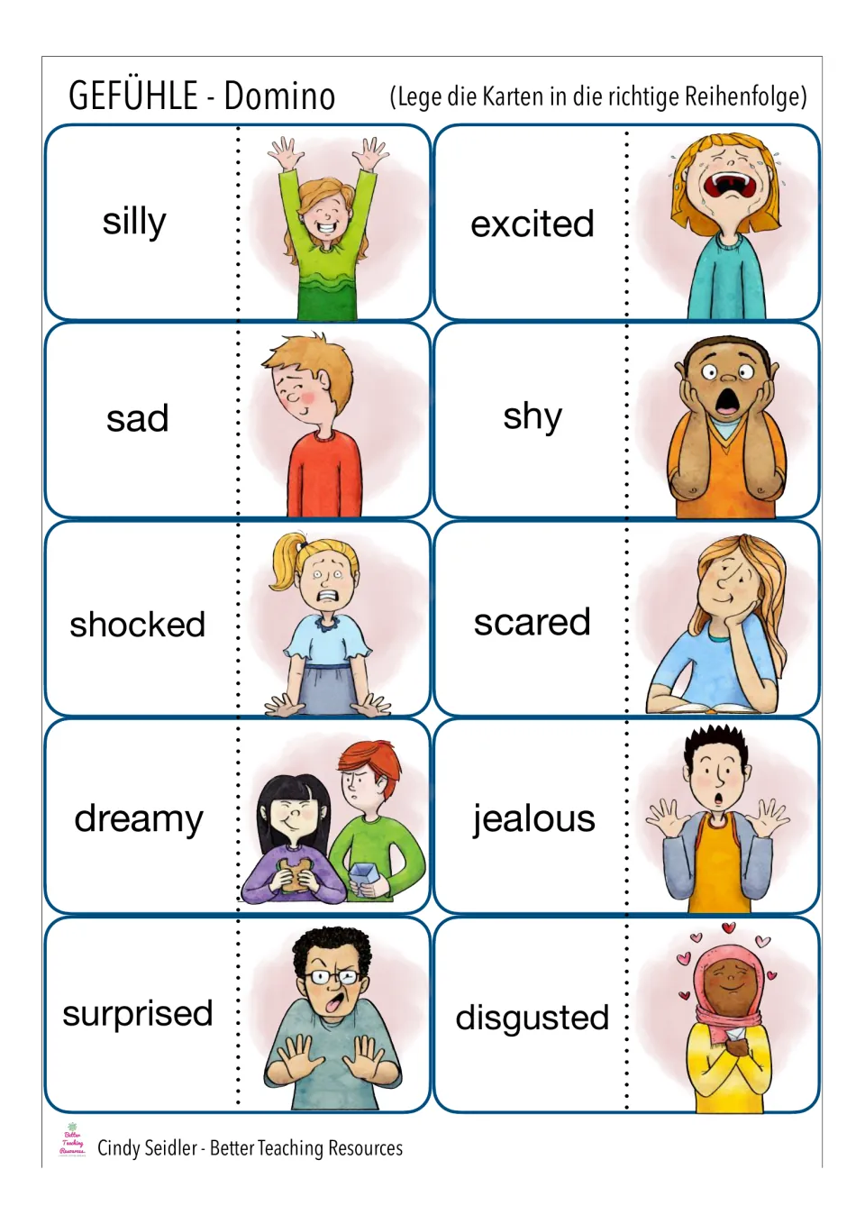 Emotion domino cards: students link words like silly, shy, shocked, jealous and disgusted to the matching child's face