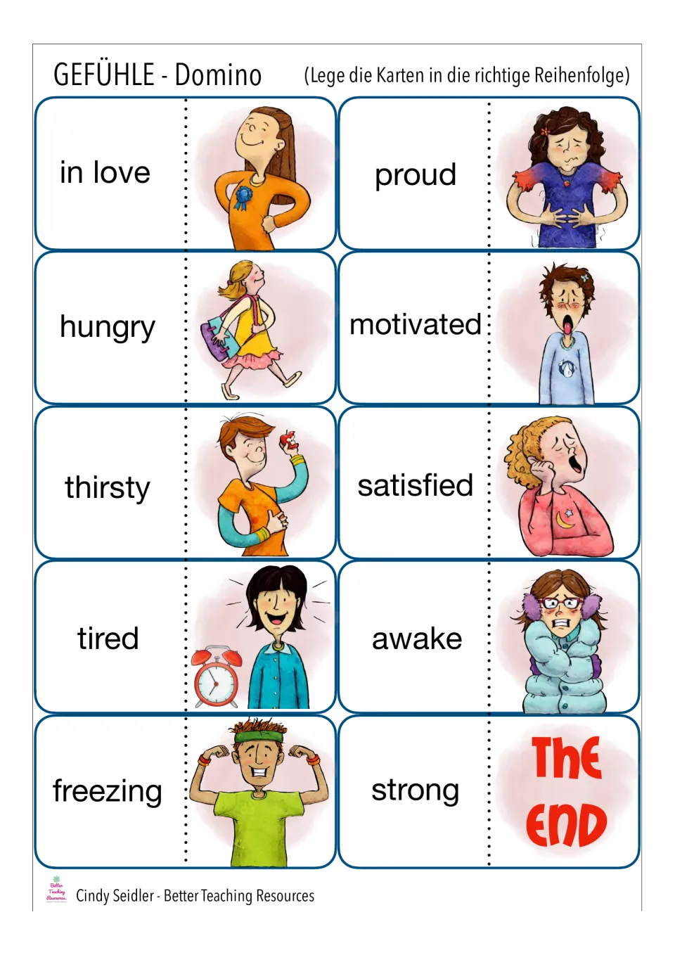 Final domino cards: students match states like proud, hungry, tired, freezing and strong to pictures, ending on The End