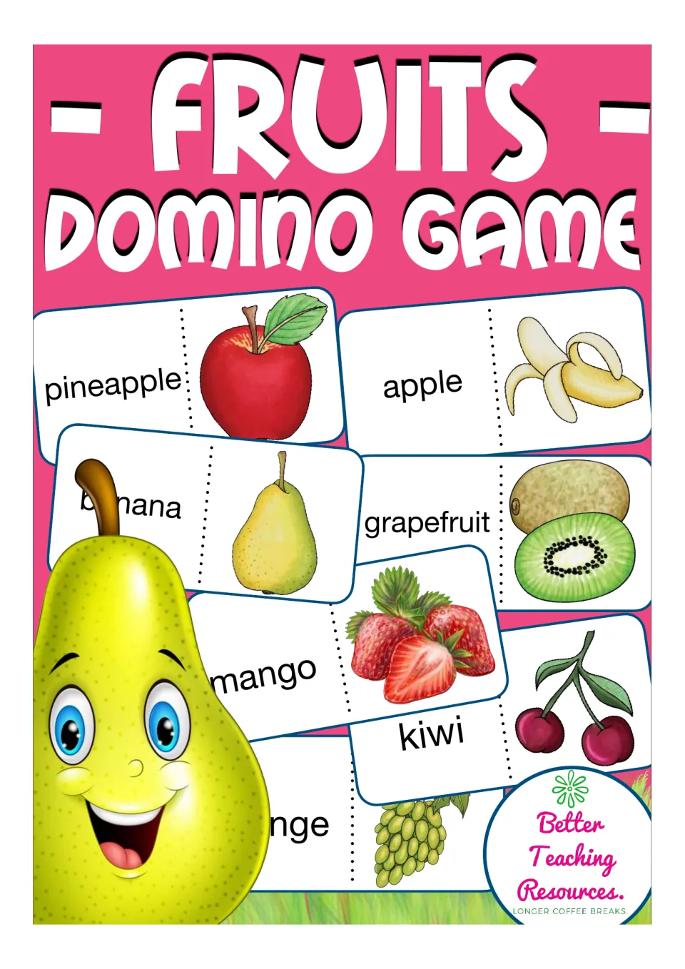 Fruits domino game cover showing word-and-picture domino cards such as pineapple, apple, kiwi and grapefruit