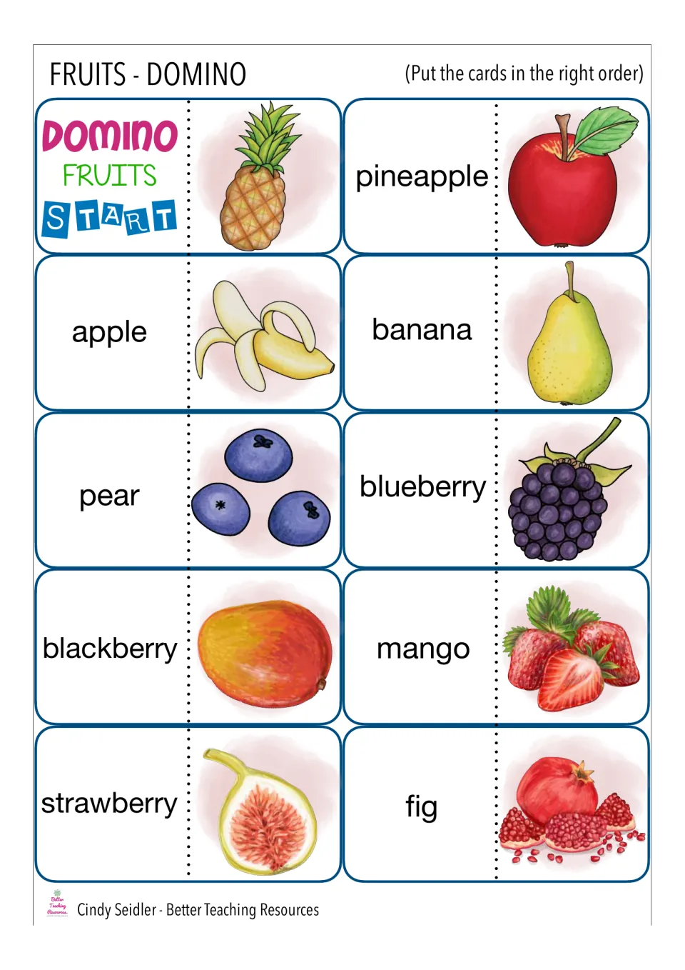 Fruit vocabulary dominoes: students chain cards by placing each fruit word next to its picture, from START to fig