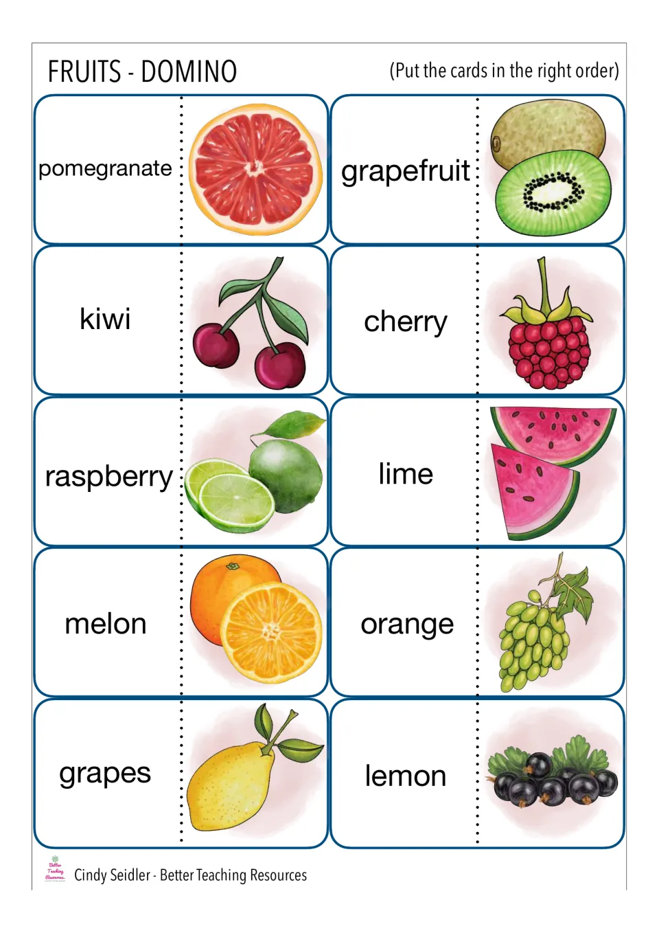 Fruit word dominoes continued: match pomegranate, kiwi, raspberry, melon, grapes and more to the matching fruit picture