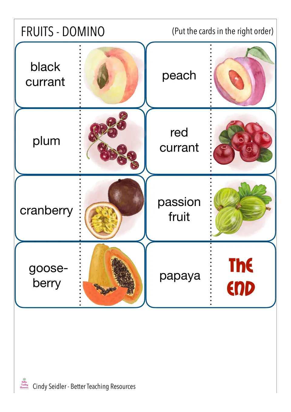 Last fruit dominoes: match black currant, plum, cranberry, gooseberry, peach and papaya to pictures, ending at THE END