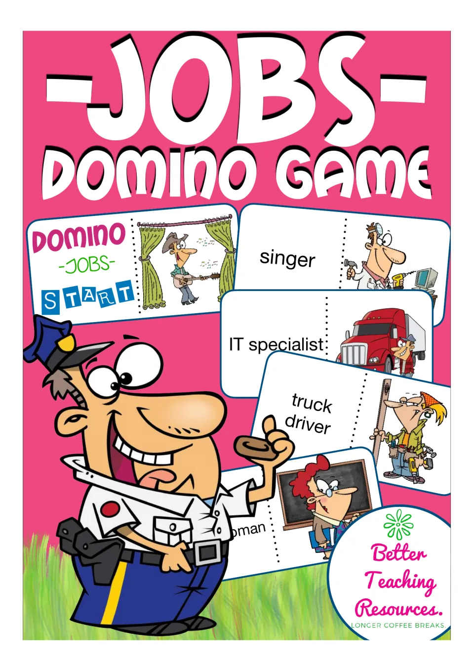 Jobs domino game cover showing sample cards that pair job words like singer and truck driver with cartoon workers