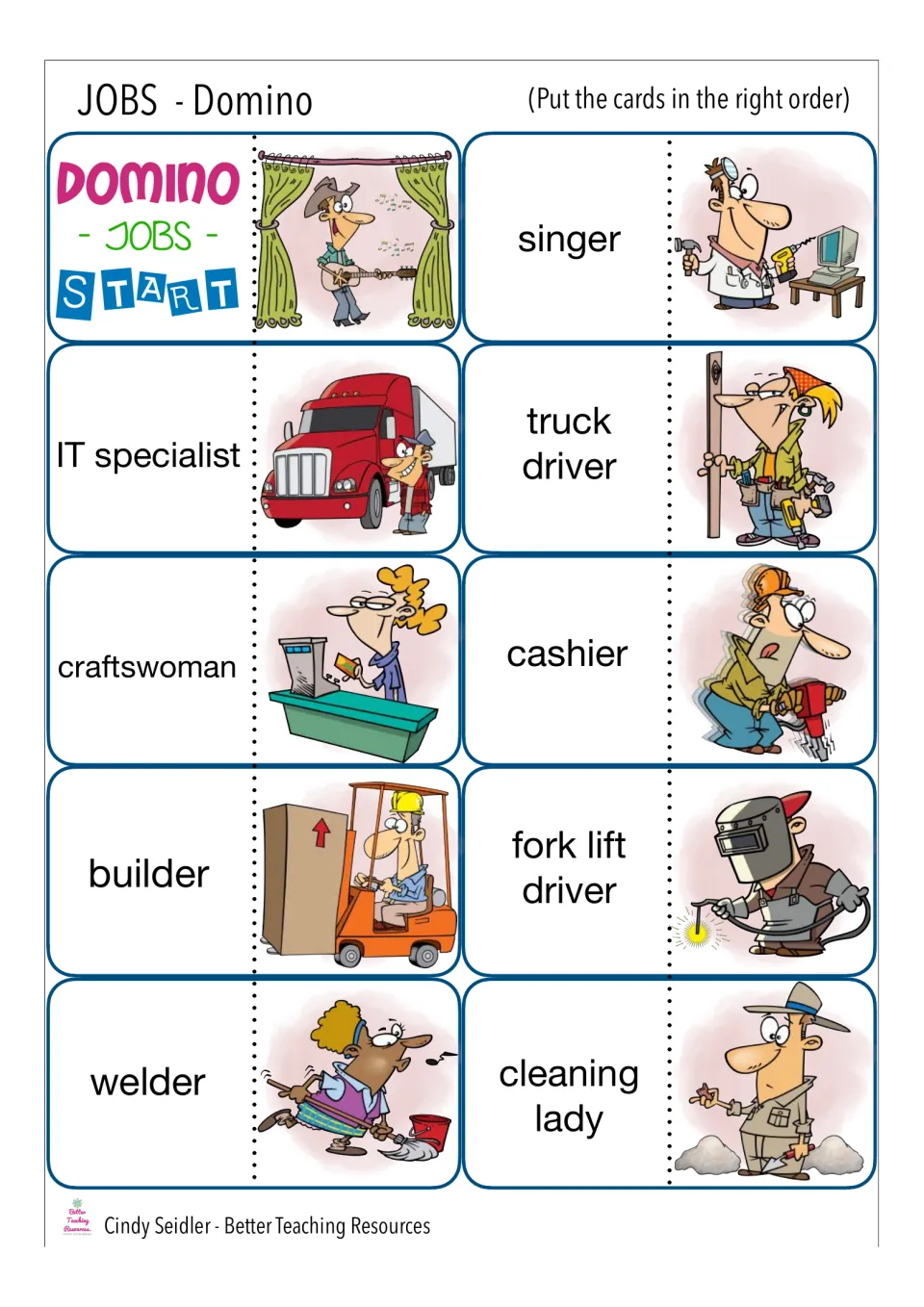 Job vocabulary dominoes: START card plus singer, IT specialist, cashier, builder, welder; match each word to its picture