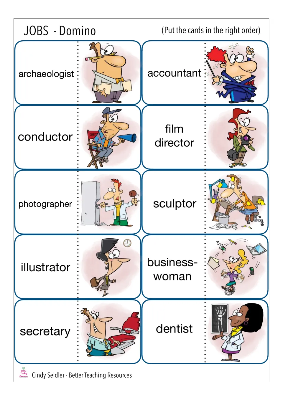 Job domino cards for archaeologist, accountant, conductor, photographer, sculptor and dentist to link word to picture