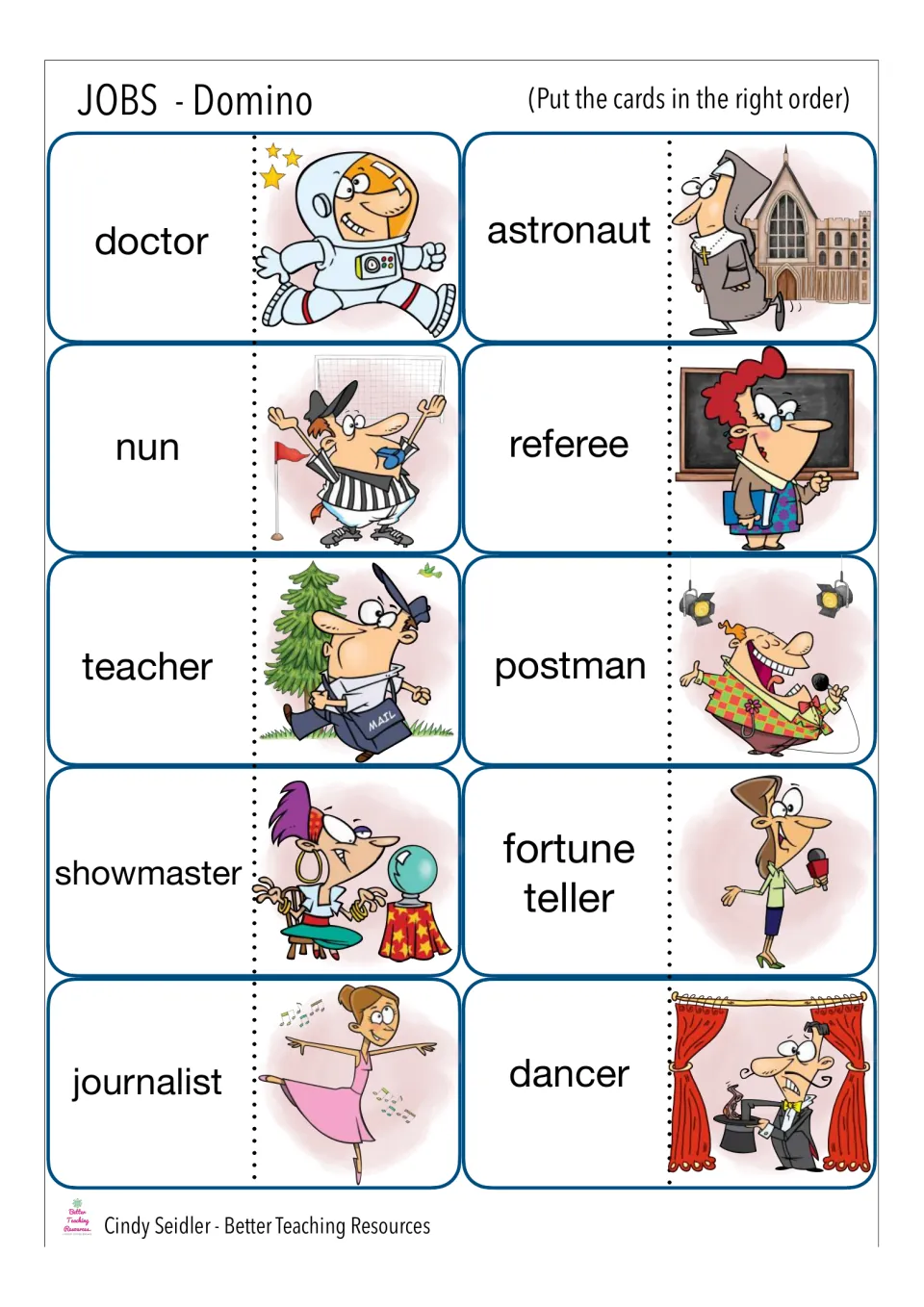 Domino cards naming doctor, astronaut, nun, referee, teacher, postman and dancer; students chain each job to its cartoon
