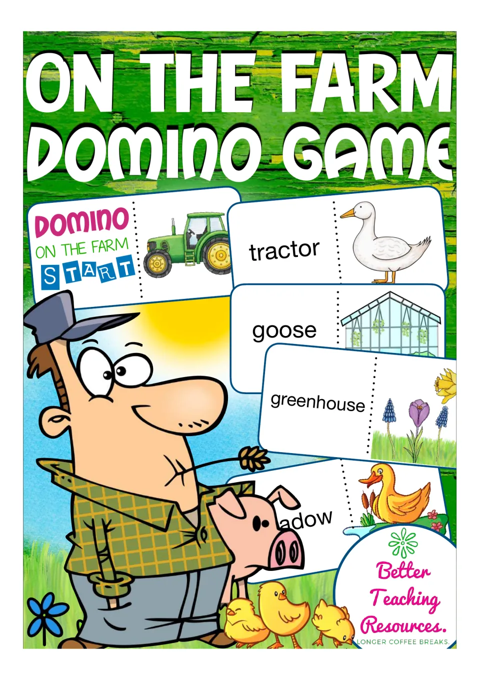 On the Farm domino game cover: picture-word cards like tractor, goose and greenhouse, with a farmer, pig and chicks