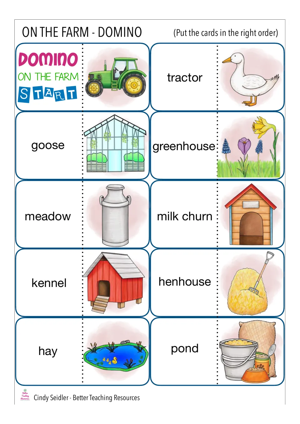 Farm word dominoes from the START card: students join each word, like tractor, goose or hay, to its matching picture