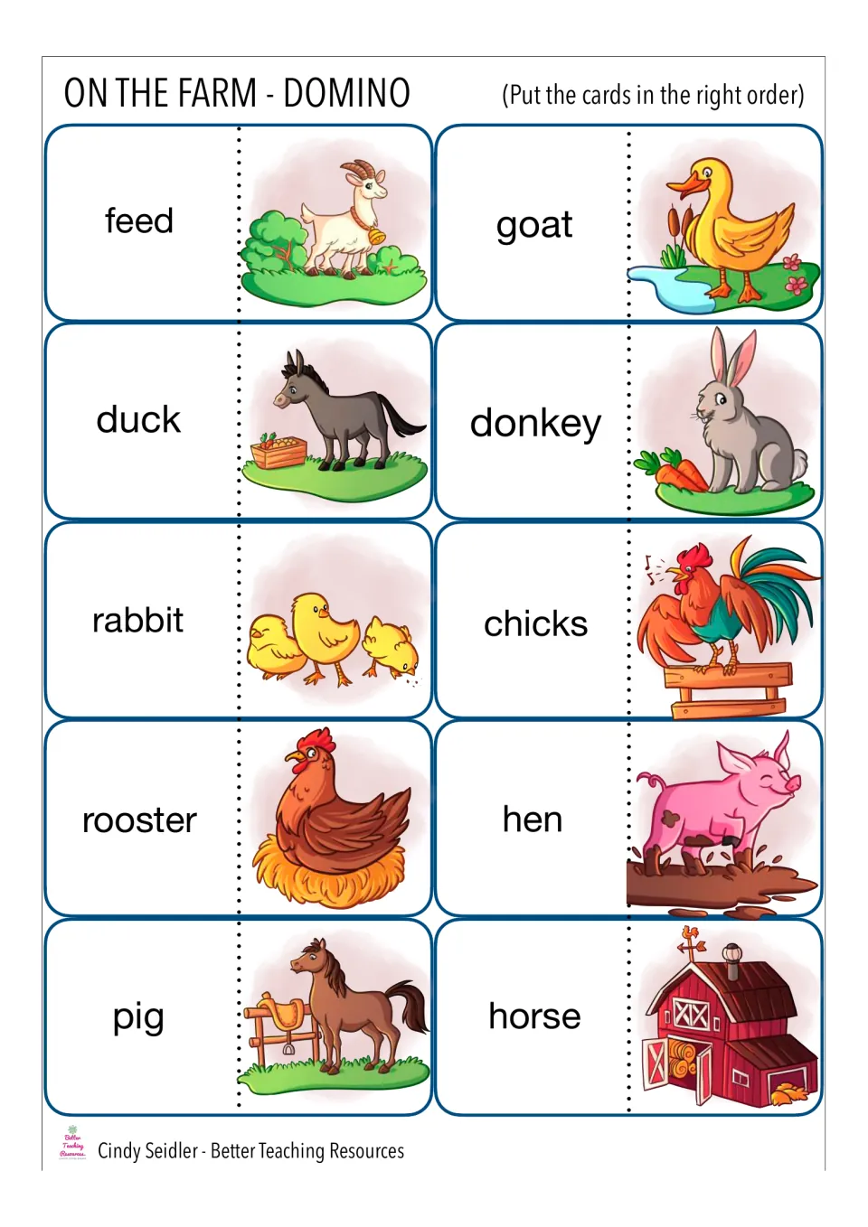 Farm animal dominoes: students match words such as goat, duck, donkey, rabbit, chicks, rooster, hen and pig to pictures