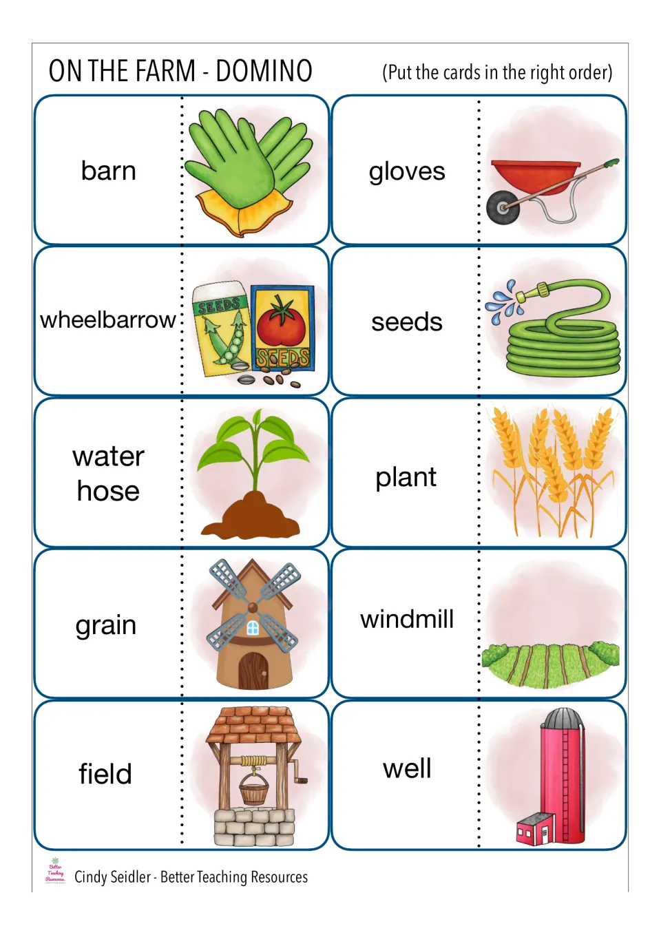 Farm tools and places dominoes: students link words like gloves, seeds, water hose, windmill and well to their pictures