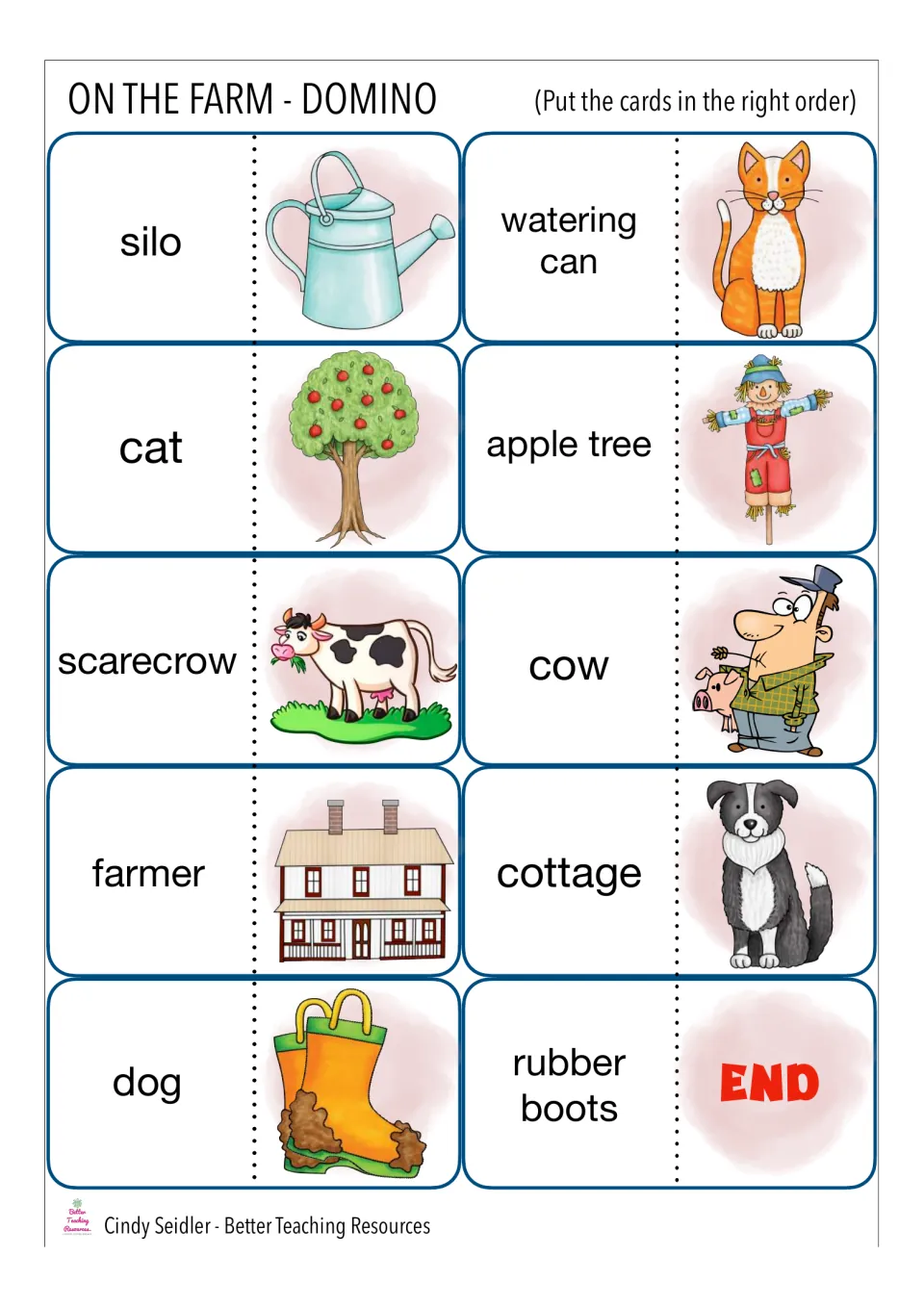 Final domino cards: students match silo, watering can, cat, apple tree, scarecrow, cow, farmer and dog, ending at END