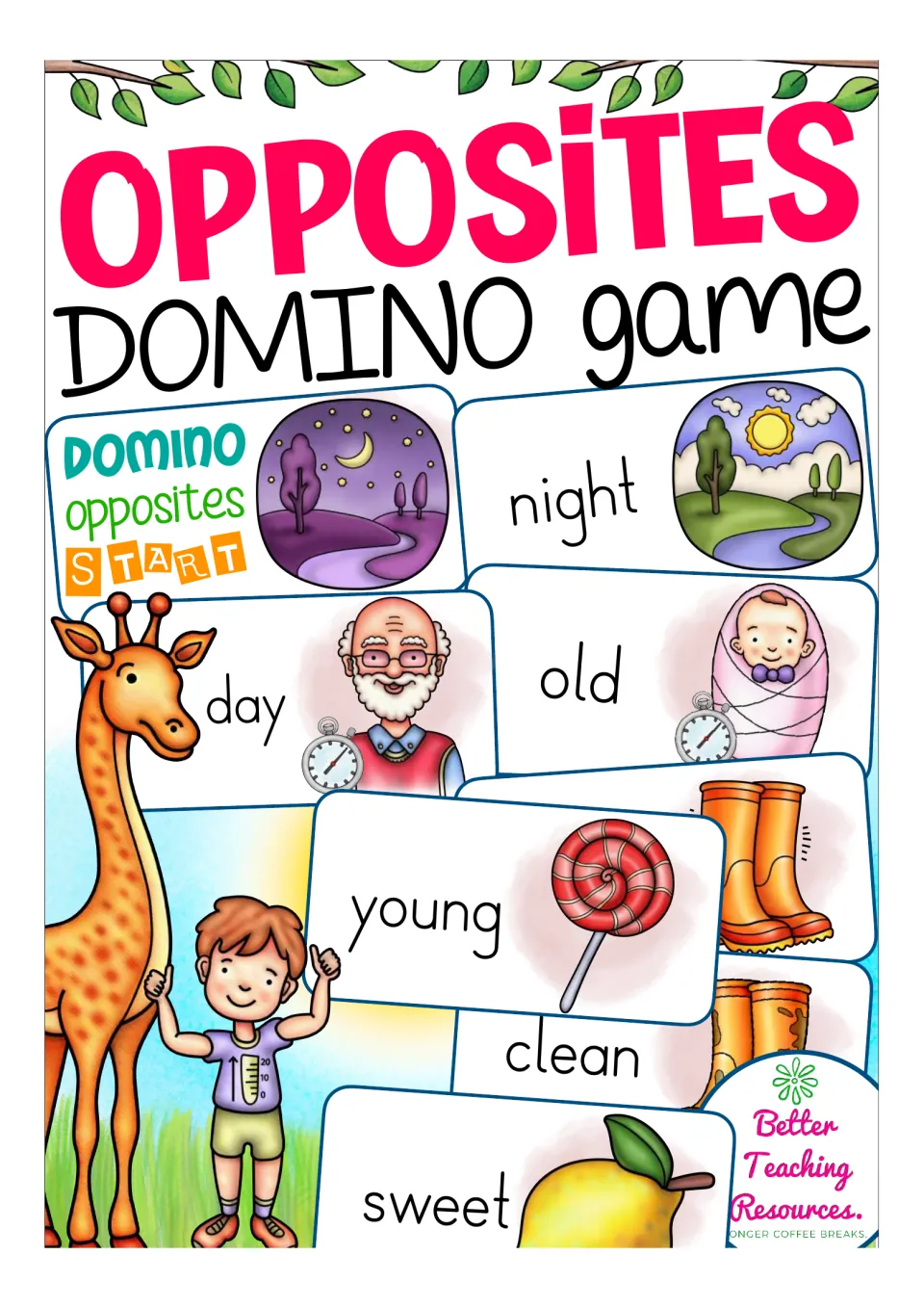 Opposites domino game cover: picture-word cards like night, day, old, young, clean and sweet paired with opposites