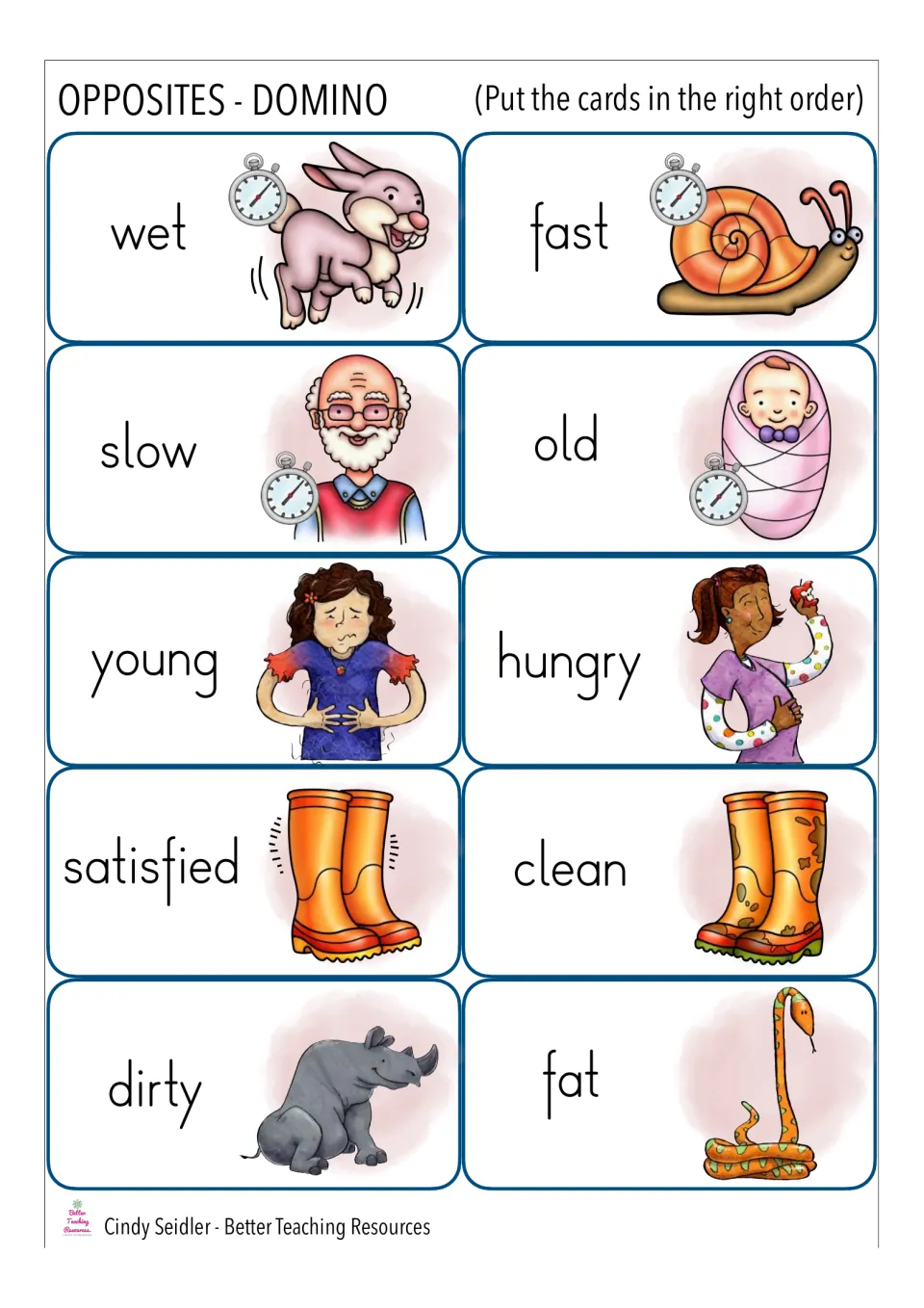 Antonym dominoes for fast/slow, old/young, hungry/satisfied and clean/dirty: students link each word to its picture