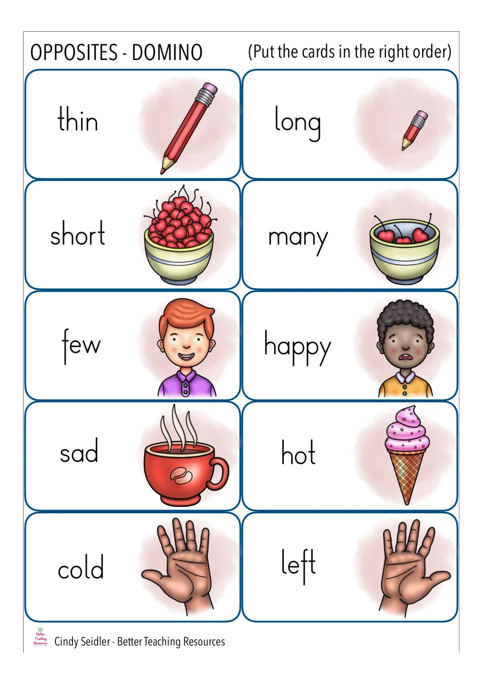 Opposite-word dominoes with long/short, many/few, happy/sad and hot/cold: cards are ordered by matching words to pictures