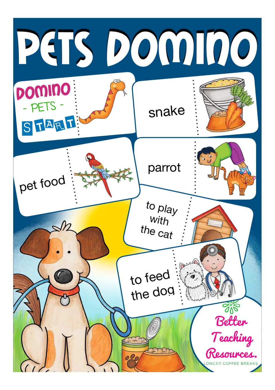Pets Domino cover: sample word-and-picture cards such as snake, parrot, pet food and to feed the dog, with a cartoon puppy