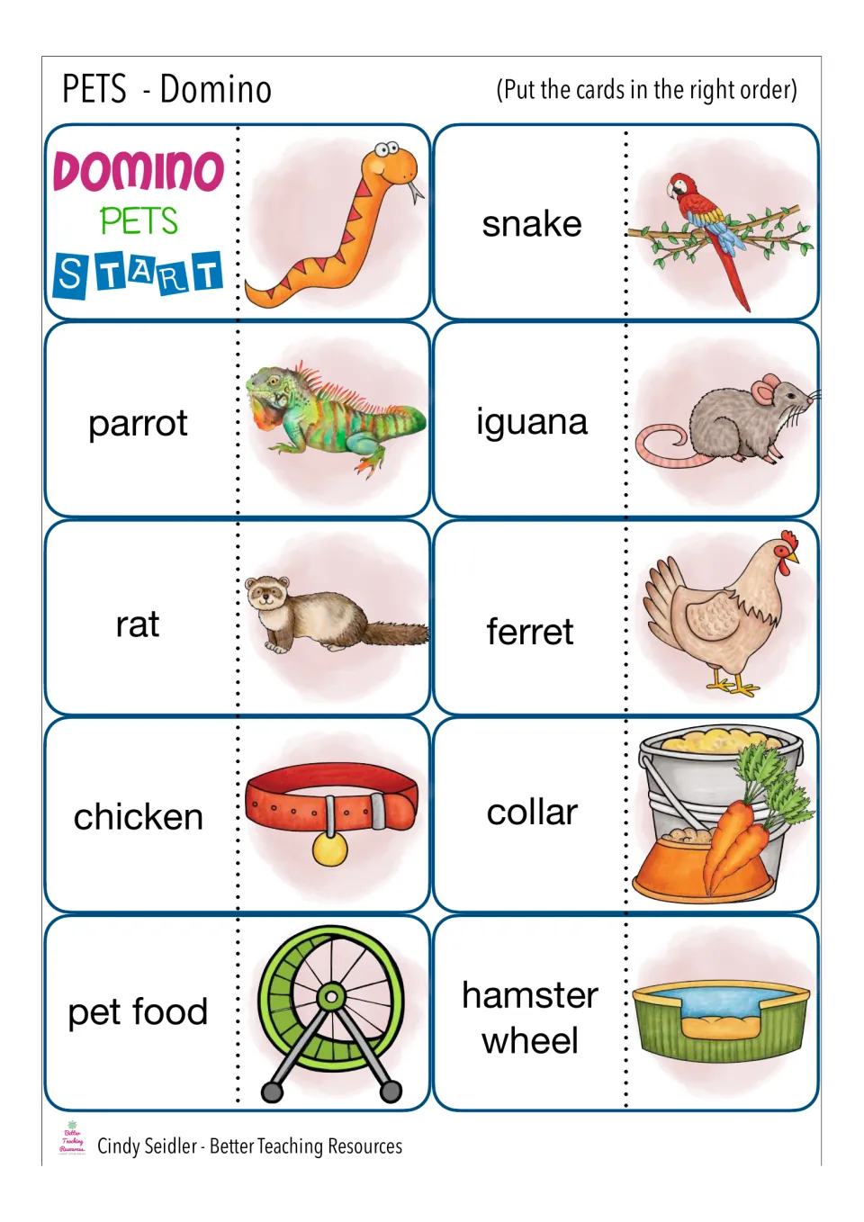 Pet vocabulary domino cards with START: students match words like parrot, iguana, ferret and collar to the next picture