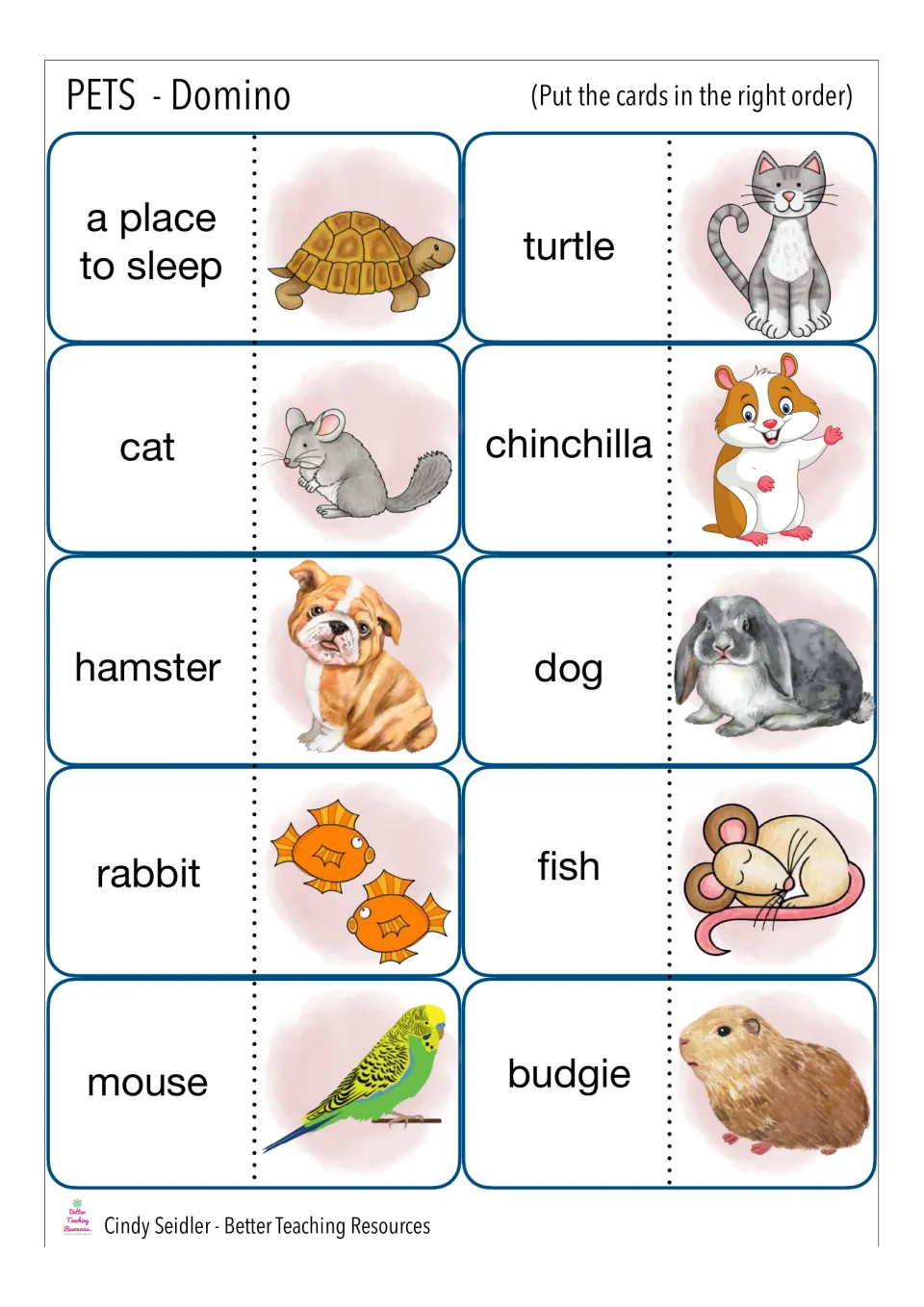 Pet animal domino cards: students link words such as turtle, chinchilla, rabbit and budgie to matching pictures in sequence