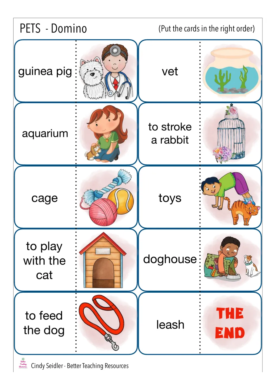 Pet care domino cards ending at THE END: students match vet, aquarium, cage, leash and phrases like to stroke a rabbit