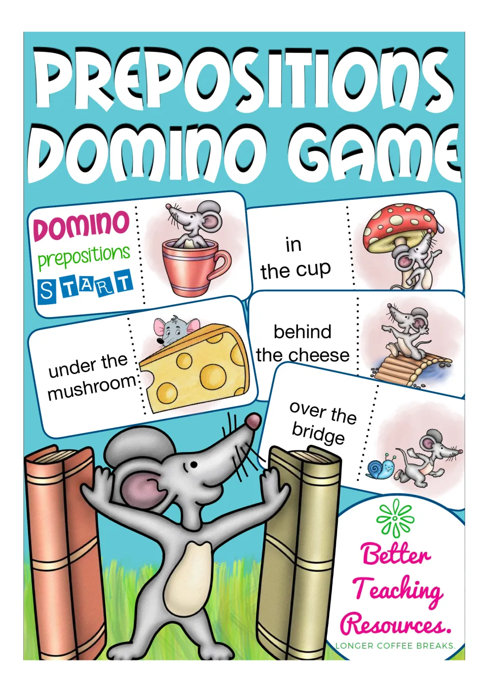 Cover of the prepositions domino game showing sample cards for in the cup, under the mushroom and more