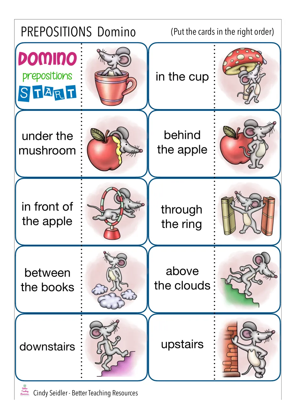 Prepositions domino cards 1–10: Start, in the cup, under the mushroom, behind the apple and six more