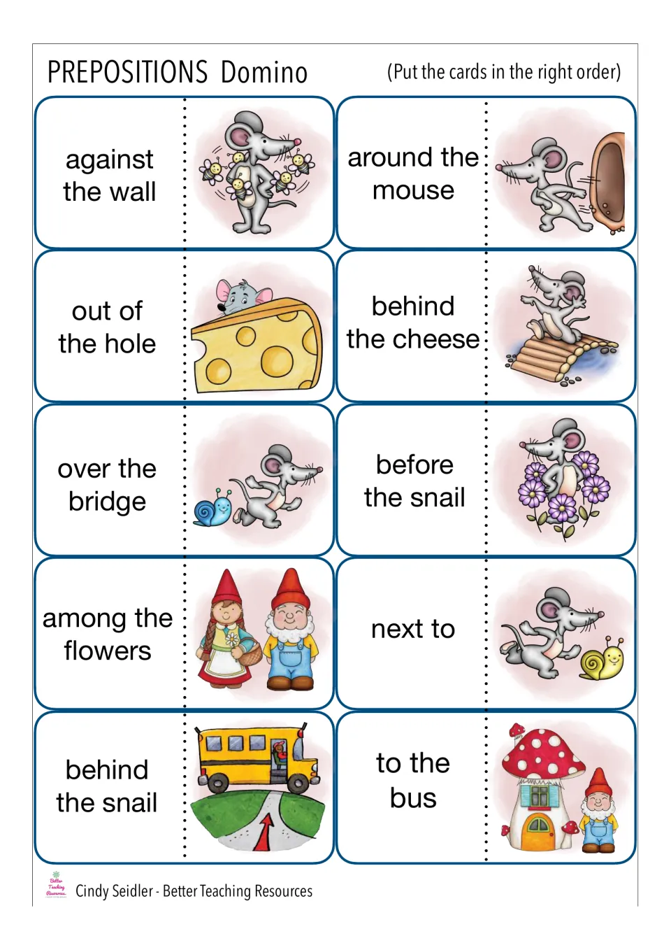 Prepositions domino cards 11–20: against the wall, around the mouse, out of the hole and seven more