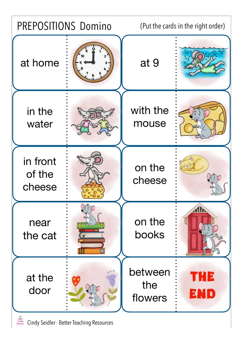 Prepositions domino cards 21–30: at home, at 9, in the water and seven more, ending with The End