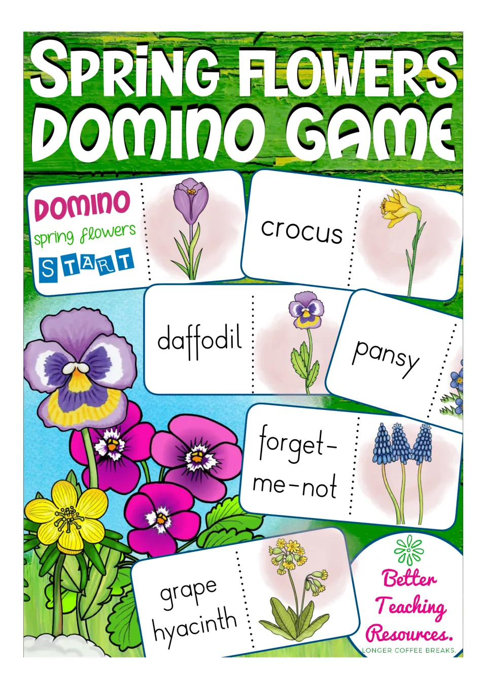 Spring flowers domino game cover: word-and-picture cards for crocus, daffodil, pansy, forget-me-not and grape hyacinth