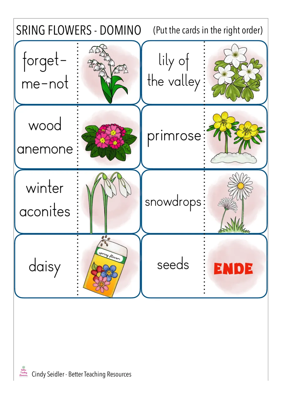More flower dominoes: students match lily of the valley, primrose, snowdrops, daisy and seeds to pictures, ending at ENDE