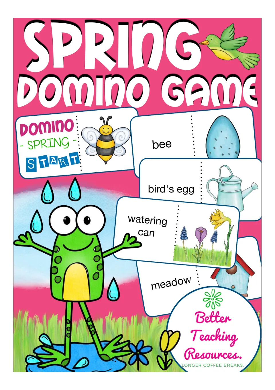 Spring domino game cover showing word and picture cards for bee, bird's egg, watering can and meadow, plus a frog in rain