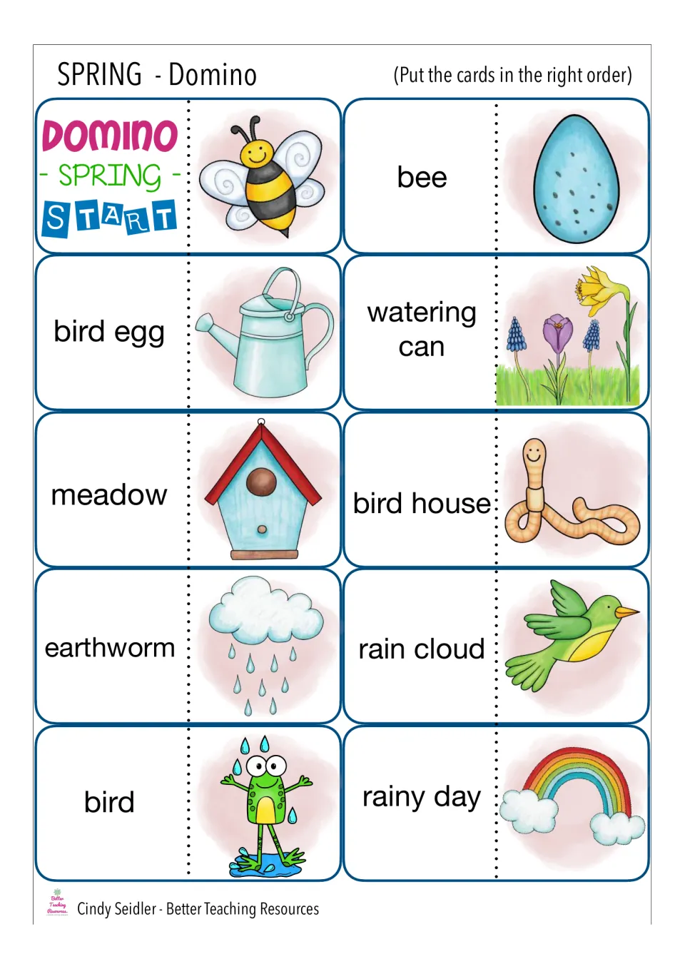 Spring vocabulary dominoes: students chain cards from START by matching words like bee, meadow and earthworm to pictures