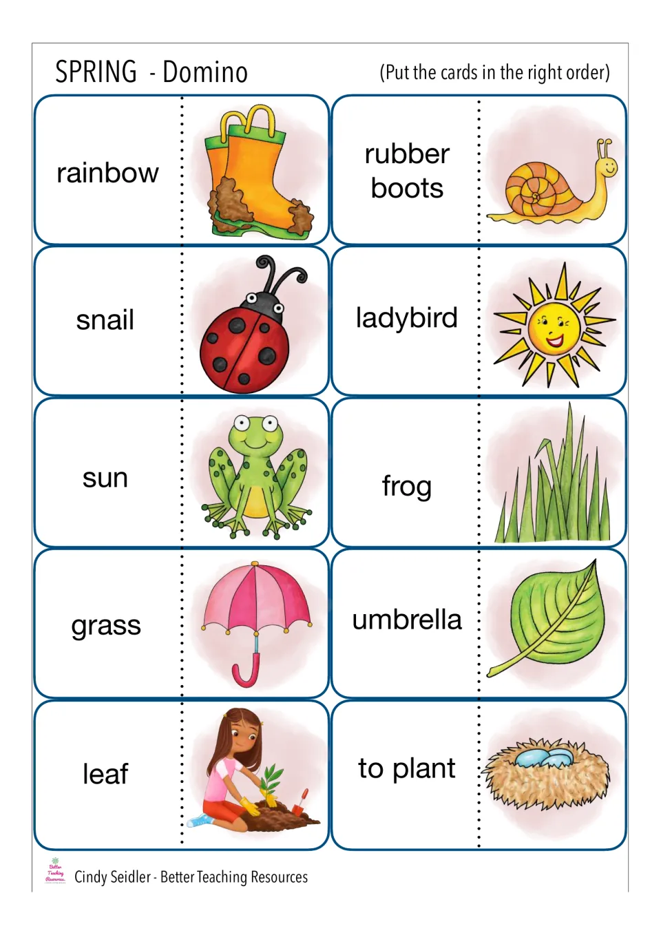 Spring dominoes: students match words like rainbow, snail, frog, umbrella and to plant to pictures to continue the chain