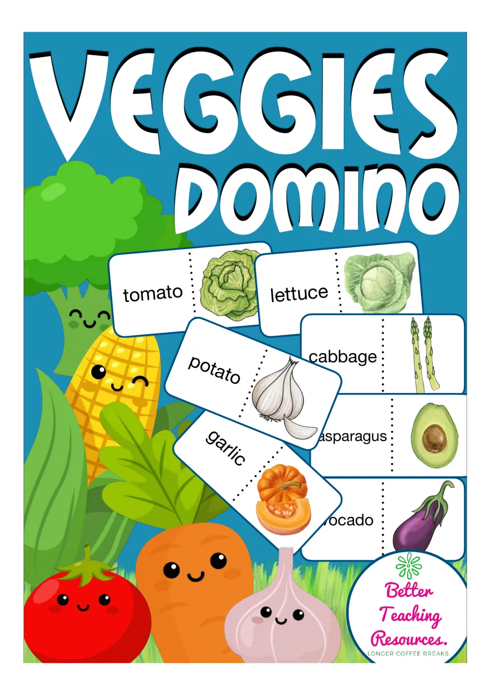 Veggies Domino cover: vegetable word-and-picture domino cards such as tomato, lettuce and potato beside smiling vegetables