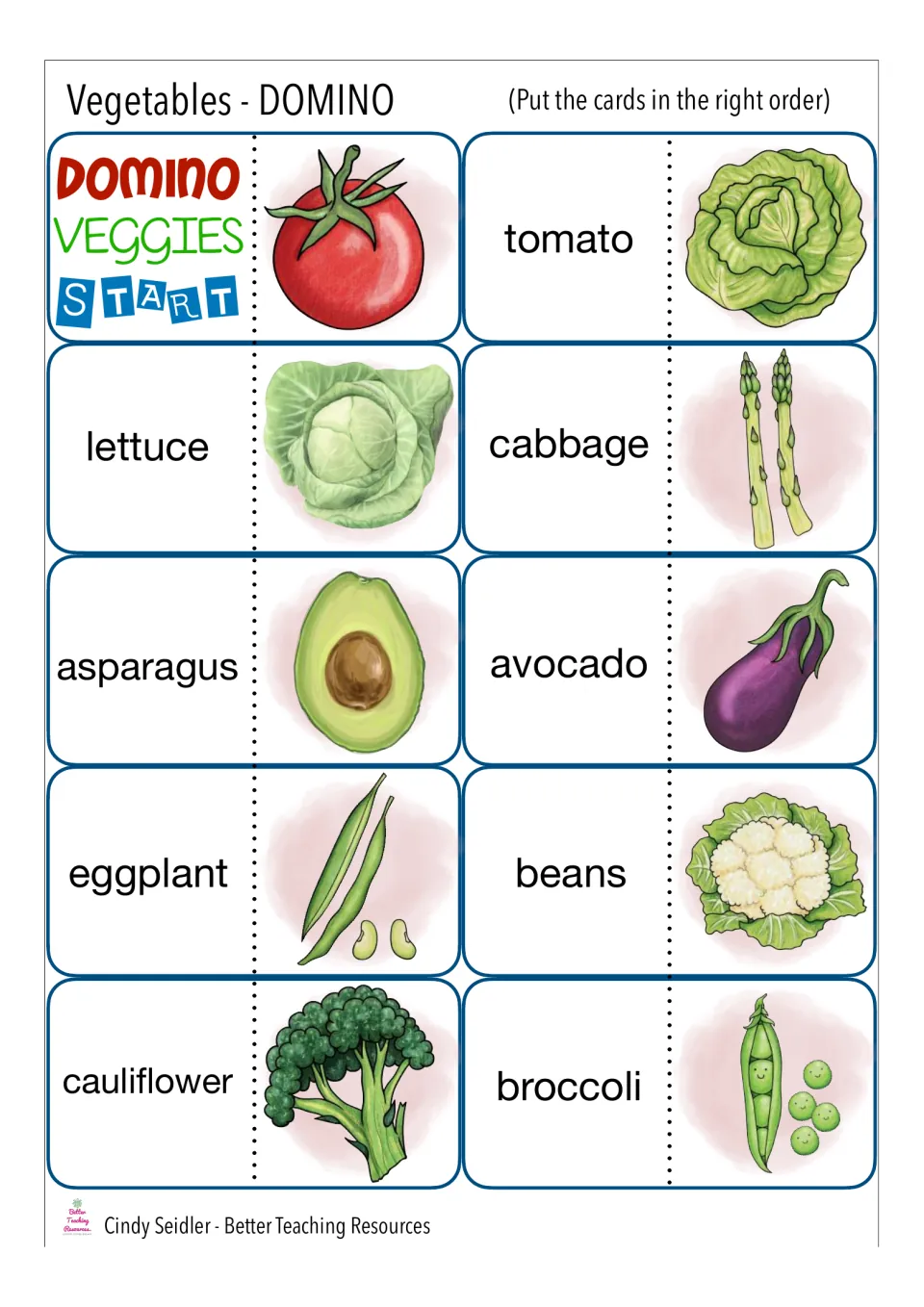 Vegetable domino cards, START to broccoli: students match each vegetable name to the picture on the card before it