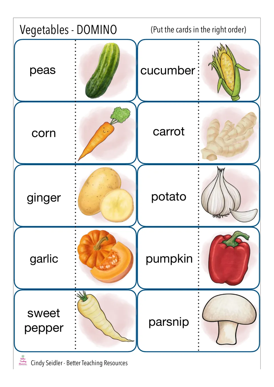 Vegetable domino cards, peas to parsnip: students link words like ginger, garlic and pumpkin to matching pictures