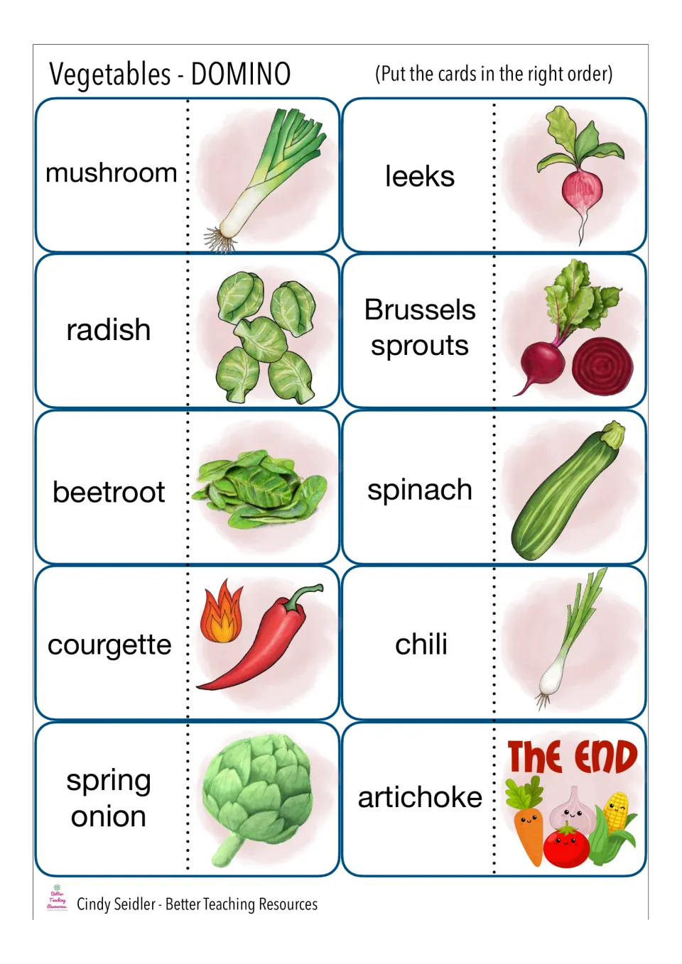 Final vegetable domino cards, mushroom to artichoke: students match names like leeks and spinach and finish on THE END