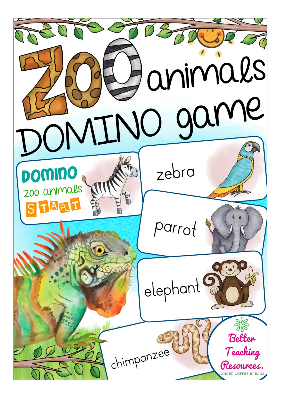 Zoo animals DOMINO game cover showing word-and-picture cards: a START card with a zebra, then parrot, elephant and snake