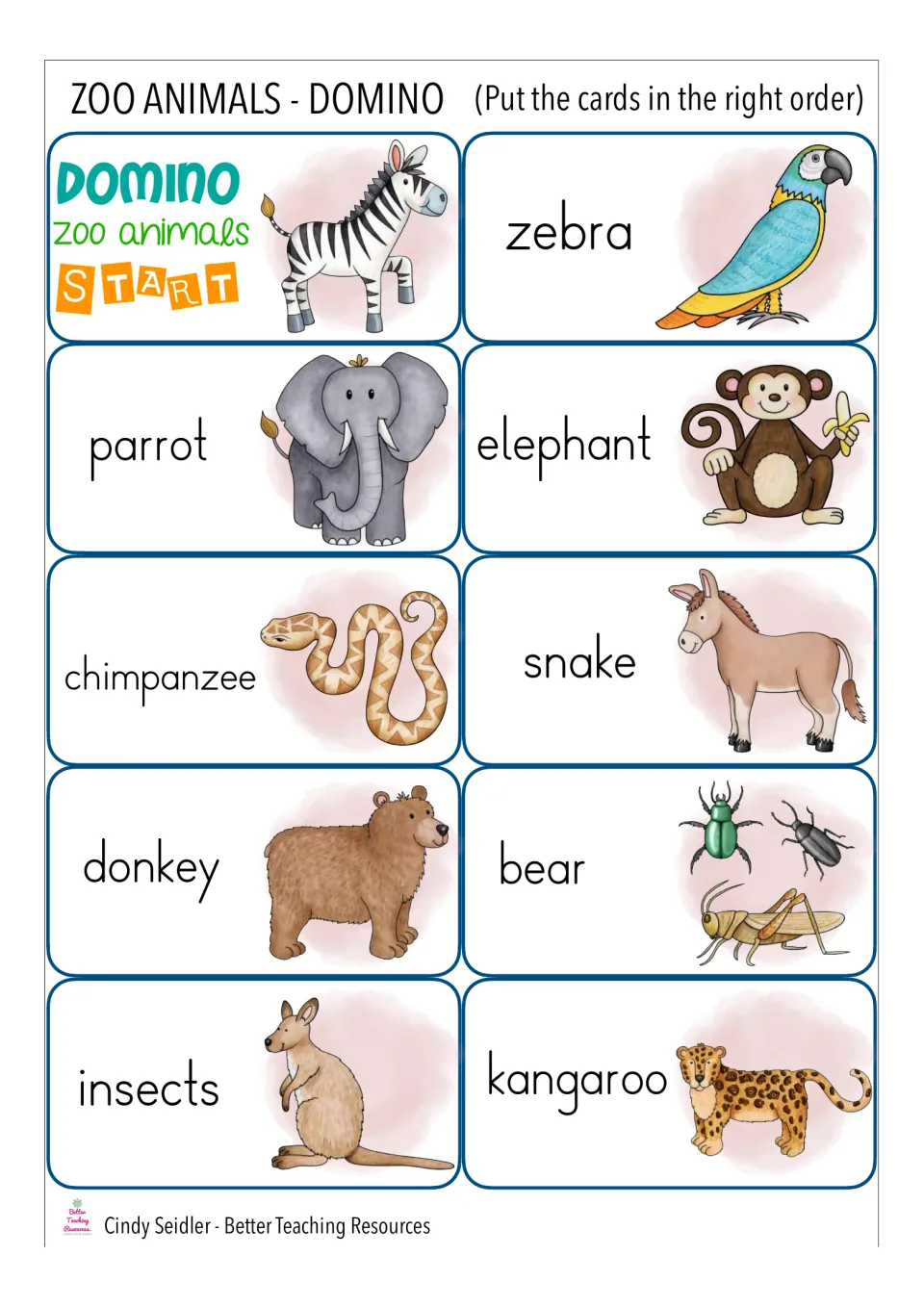 Zoo animal domino cards from START to kangaroo: students match each word, like zebra or donkey, to the next card's picture