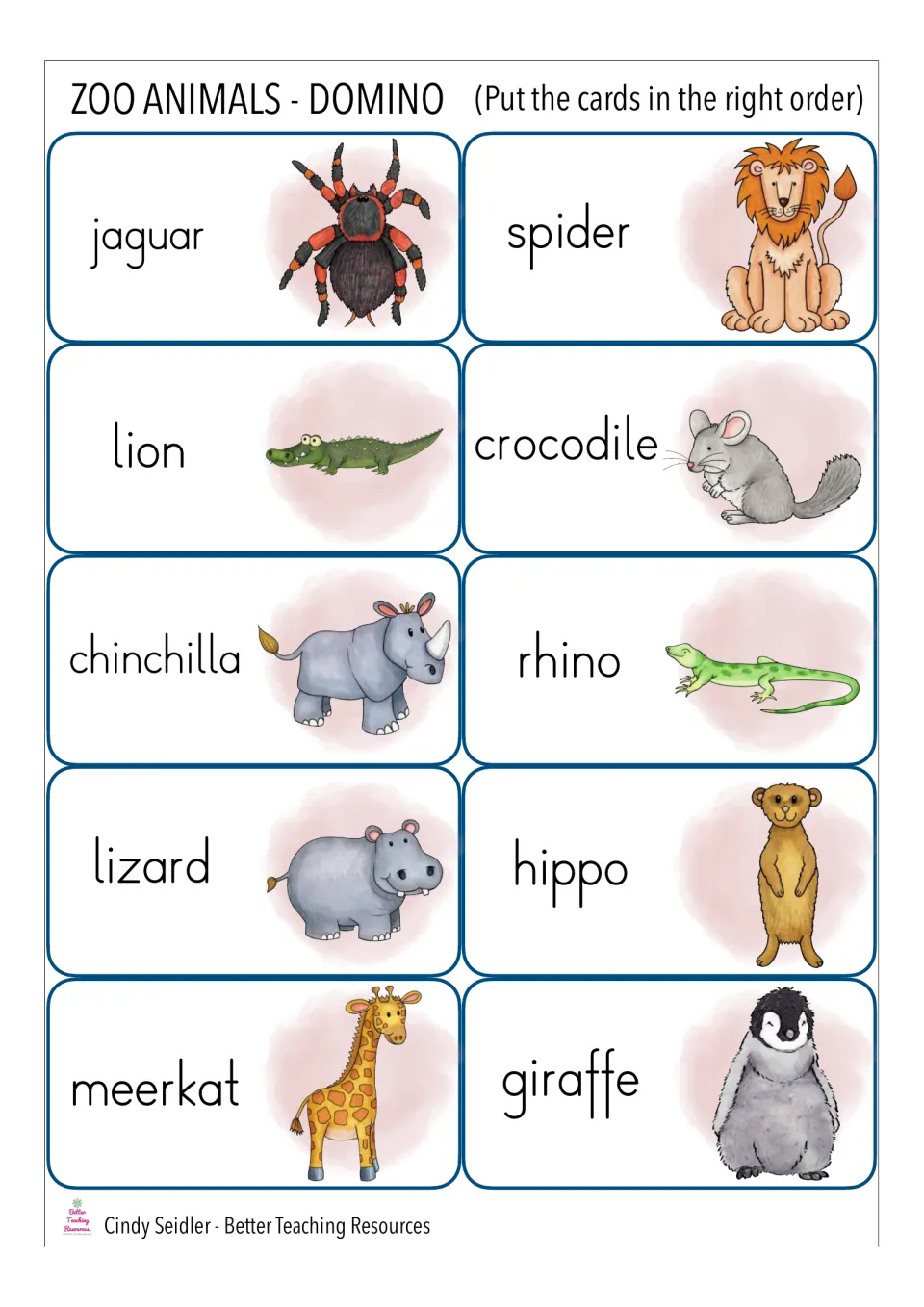 Domino cards jaguar to giraffe: students link animal names like lion, rhino and meerkat to matching pictures in the chain
