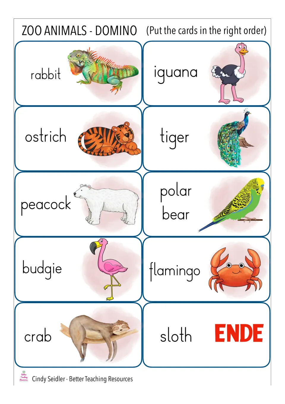 Final domino cards rabbit to sloth: students match words like ostrich, polar bear and flamingo to pictures, ending at ENDE