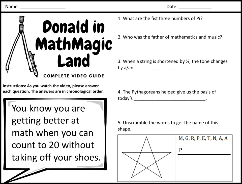 Video guide questions 1-5: students recall pi, Pythagoras and octaves while watching, then unscramble a star shape