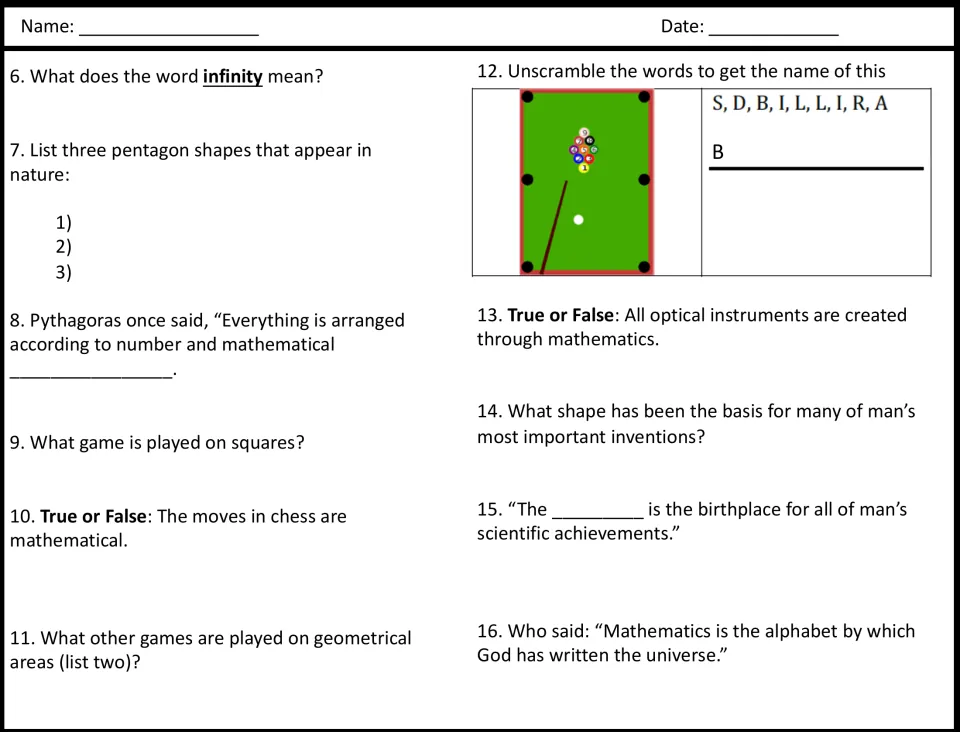 Questions 6-16 on infinity, pentagons in nature, chess and math quotes, with true/false items and a word unscramble
